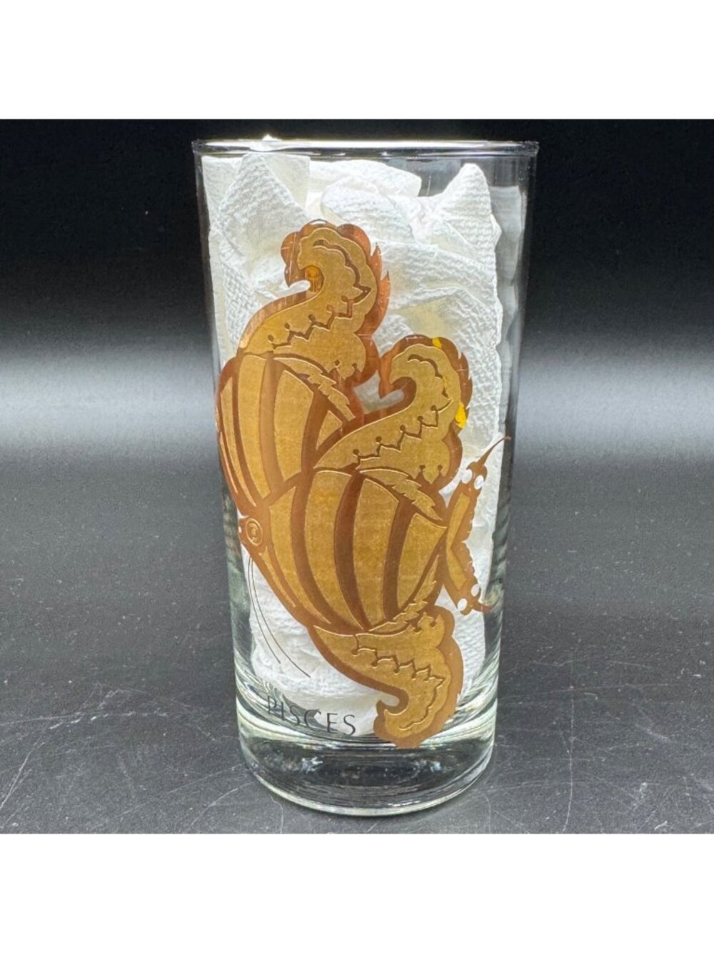 Vintage 1970s Anchor Hocking Pisces Zodiac Gold Highball Glass 5.5" Tall Clear